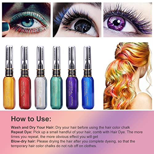 Tiza de Pelo, Cabello Tiza, Temporales de Cabello, Dye Touchup Mascara,6 Colores Temporal Tiza de Pelo No Tóxicas Lavables Color de Tiza Para Niños DIY Fiesta y Cosplay