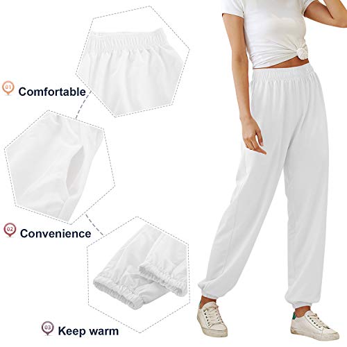 Tuopuda Pantalones de Deporte Mujer con Bolsillos Pantalones Chándal Mujer de Algodón Largos Jogging Pantalóns Elastica Cintura Alta Deportivos para Yoga Fitness Jogger Correr Casual(Blanco,S)
