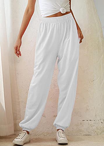 Tuopuda Pantalones de Deporte Mujer con Bolsillos Pantalones Chándal Mujer de Algodón Largos Jogging Pantalóns Elastica Cintura Alta Deportivos para Yoga Fitness Jogger Correr Casual(Blanco,S)