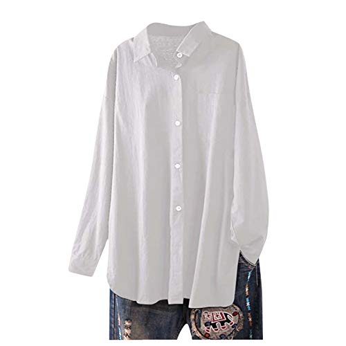 VEMOW Mujeres Sexy Botón Suelto con Cuello en v Camiseta de Manga Larga Casual Irregular del Dobladillo Oversized Blusa Plus Size, Elegantes Moda Color Sólido Bolsillo de Camisa(A Blanco,XXL)