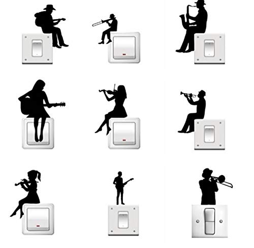 Vinilo decorativo enchufes o llaves de luz. 9 personajes de música con instrumentos musicales.