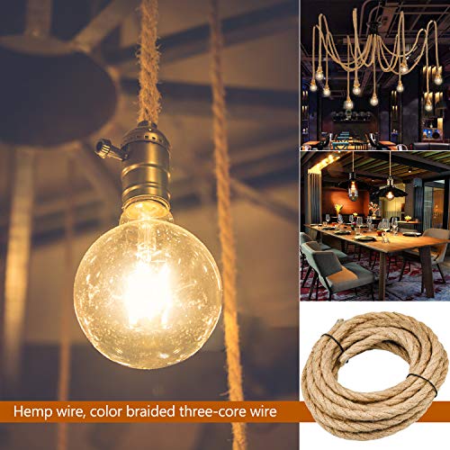WEKON Cable de Luz Vintage, Cable Eléctrico de Lino, Cable Eléctrico Tenzada, Cable de Alimentación para Lámpara Colgante 5M Núcleo 0.75MM²Cobre y Cáñamo para Lámpara de Techo Industrial