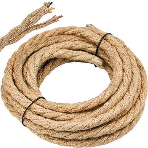 WEKON Cable de Luz Vintage, Cable Eléctrico de Lino, Cable Eléctrico Tenzada, Cable de Alimentación para Lámpara Colgante 5M Núcleo 0.75MM²Cobre y Cáñamo para Lámpara de Techo Industrial