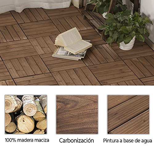 Yaheetech Suelo de Madera 27 Piezas para 2,6 m² Baldosas de Madera 30,8 x 30,8cm (Cada Pieza) Piso de Abeto Antideslizantes para Terraza Piscina, Jardines Patios, Balcón Baño Marrón