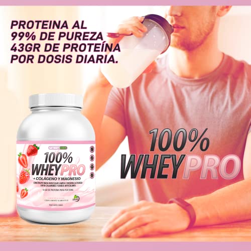 100% Whey Protein con Colágeno y Magnesio | 43Gr. de Proteína Pura por toma 0% Azúcares | Aumenta el crecimiento muscular y tonifica los músculos | Protege y lubrica Articulaciones | 1000g (Fresa)