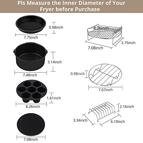 16PCs Accesorios para Freidora de Aire de 4.5QT-6.8QT Accesorios para Friedoras sin Aceite de 8 Pulgadas Kit de Accesorios con Plato Redondo de Pastel Molde Soporte para Barbacoa
