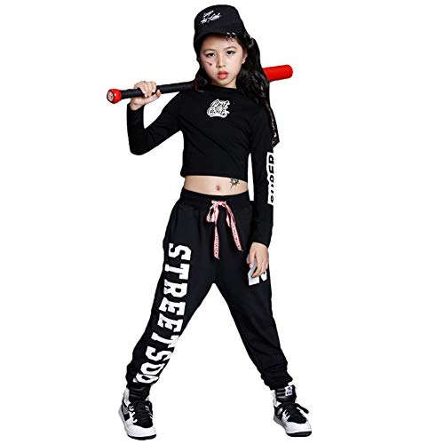 2 Piezas Niñas Trajes de Hip Hop, Chicas Camiseta, Pantalones de Chándal Conjunto de Ropa, Negro, 150
