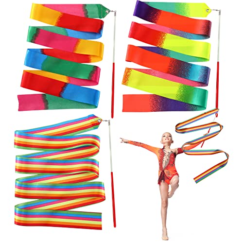 3 Piezas Cintas de Baile Cinta de Gimnasia Rítmica Palos Cintas de Baile Cintas de Gimnasia de Colores con Bastón Giratorio para Niños Revolear Bastón, Serpentinas de Danza