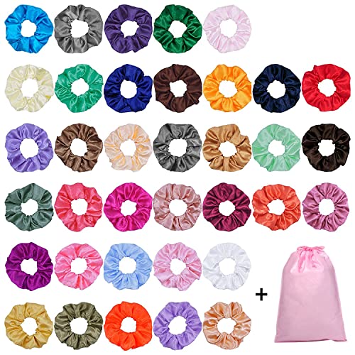 40 Piezas Scrunchies de Satén para Cabello, Glossy Hair Scrunchies Lazos Elásticos de Satén para el Cabello Ponytail Holder Headbands para Mujeres y Niñas, 40 Colores
