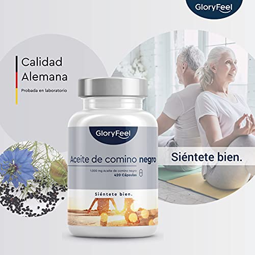 Aceite de Comino Negro (Nigella sativa) 1000mg - 420 Cápsulas - Original de Egipto - Prensado al frío 80% ácidos grasos insaturados y vitamina E - Producción probada en laboratorio alemán