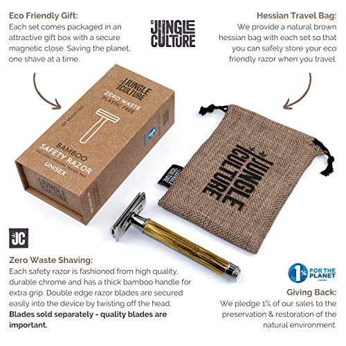 Afeitadora de Seguridad de Bambú Jungle Culture Para Hombres & Mujeres | Bolsa de Viaje y Maquina de Afeitar Ecológica Premium | Afeitar de Doble Filo | Sin Plástico y Sin Desperdicio