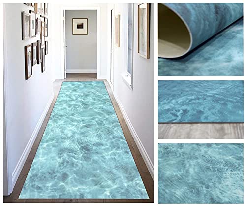 Alfombra vinílica PVC de diseño Digital Orilla de mar para; salón, Cocina, Sala de Estar, entradas, baño o dormitorios con revés PVC Antideslizante y facíl Lavada de Colores Azules Turquesa