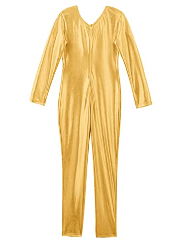 Alvivi Maillot Elástico de Gimnasia Ritmica para Niña Maillot Metálico de Patinaje Artistico Mono Completo de Gimnasia Disfraz de Bailarina Niña Dorado 10 años