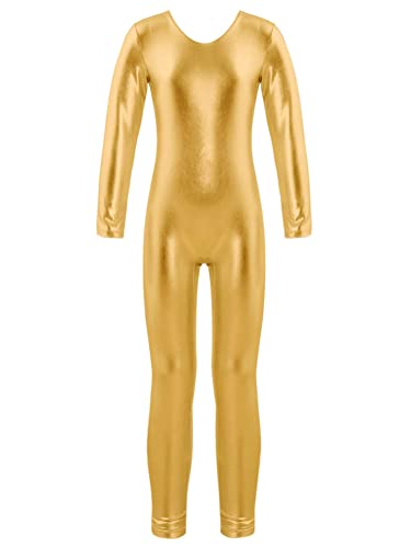 Alvivi Maillot Elástico de Gimnasia Ritmica para Niña Maillot Metálico de Patinaje Artistico Mono Completo de Gimnasia Disfraz de Bailarina Niña Dorado 10 años
