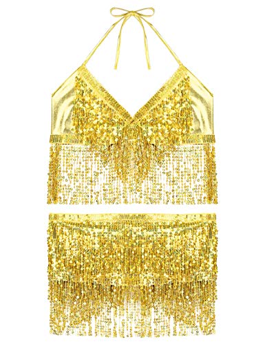 Alvivi Vestido de Danza del Vientre Baile Latino con Flecos Lentejuelas Mujer Ropa de Danza Moderna Jazz para Actuación Carnaval Bikini Conjunto Tops Cuello Halter Dorado Una Talla