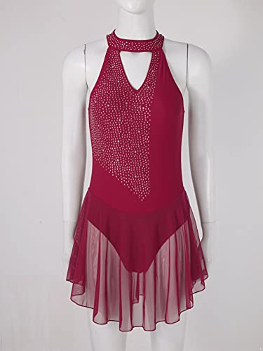 Alvivi Vestido de Patinaje Artistico para Mujer Maillot con Falda Corta de Gimnasia Ritmica Vestido Manga Larga/Sin Manga de Baile Latino S Vino S