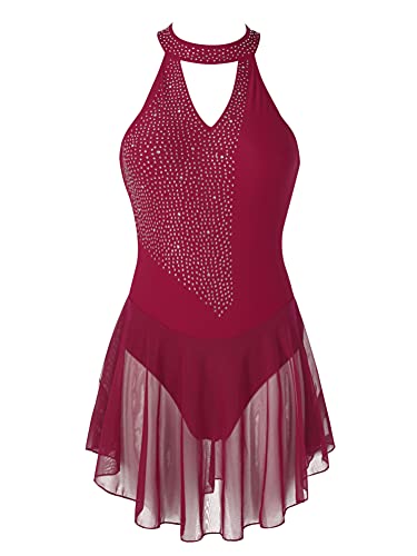 Alvivi Vestido de Patinaje Artistico para Mujer Maillot con Falda Corta de Gimnasia Ritmica Vestido Manga Larga/Sin Manga de Baile Latino S Vino S
