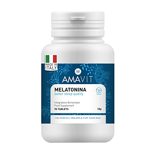 AMAVIT Melatonina para Dormir 1mg 90 Tabletas [Suministro durante 3 meses] MADE IN ITALY Suplemento contra el Insomnio con Melatonina Adenosina Glicina | Pastillas para Dormir Sin Gluten y Lactosa
