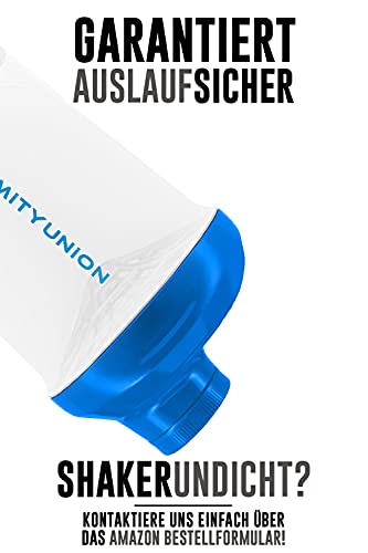 AMITYUNION Protein Shaker White Blue Deluxe 400 ml - Sin BPA con tamiz y escala para batidos cremosos de proteína de suero de leche - Gimnasio Fitness Botella para aislamientos y refuerzo