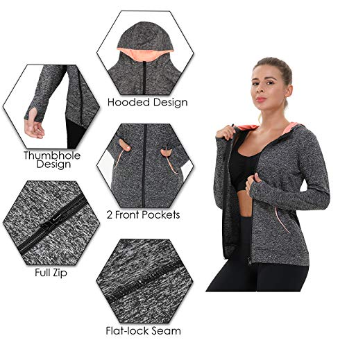 AMZSPORT Chaqueta Deportiva Mujer, Sudadera Capucha Running Cremallera con Agujeros para los Pulgares Negro L