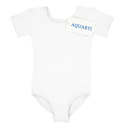 Aquarti Maillot de Gimnasia con Manga Corta para Niñas, Blanco, 158