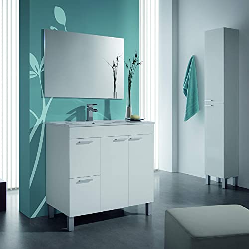 ARKITMOBEL Mueble de Baño con 2 Puertas 2 Cajones y Espejo, Modulo Baño, Modelo Aktiva, Acabado en Blanco Brillo, Medidas: 80 cm (Ancho) x 80 cm (Alto) x 45 cm (Fondo)
