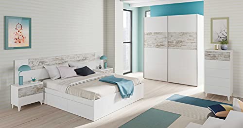Armario 2 Puertas Correderas para Dormitorio o Habitación, Modelo Vintage, Acabado en Blanco Artik y Vintage, Medidas: 180 cm (Ancho) x 200 cm (Alto) x 60 cm (Fondo)
