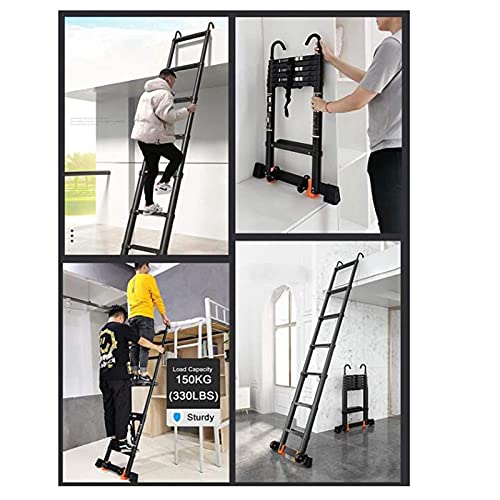 Asan Escalera telescópica de Aluminio, escaleras Plegables de extensión Multiusos, con Pedales y Ruedas Antideslizantes, escaleras portátiles para áticos Interiores y Exteriores, Carga 330 Libras (t
