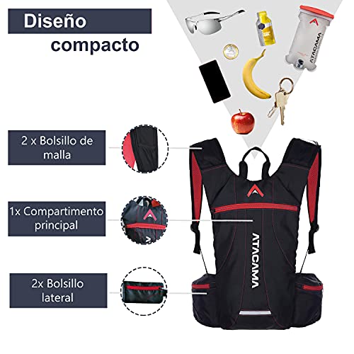 ATACAMA Mochila de hidratación, Mochila para Correr, pequeña y Ligera Mochila, Compartimento para Bolsa de hidratación de 2 LTS., Ideal para Trotar, Hacer Senderismo, Carrera por senderos, maratones