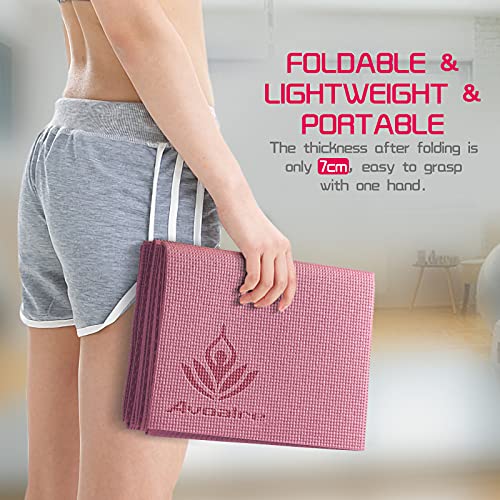 Avoalre Esterilla de Yoga Antideslizante Plegable, Colchoneta de Yoga PVC Antideslizante 5MM de Grosor Fácil de Doblar para Fitness Yoga Ejercicio Pilates Deportes para Mujer Hombre, 173x61CM, Rosa