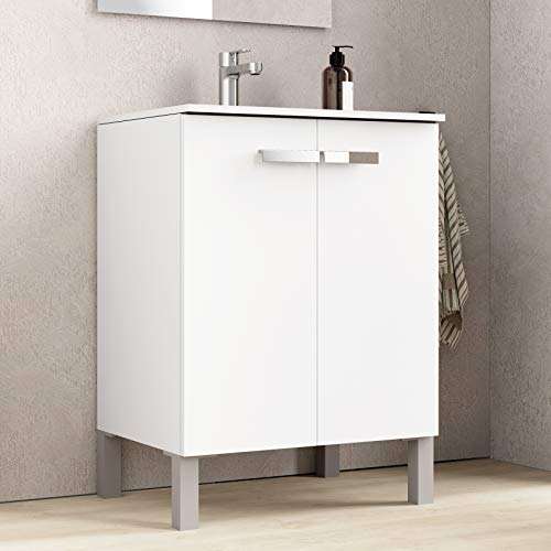 Baikal Neo 280034068 Mueble de Baño con Lavabo y Espejo con Patas, Dos Puertas, Color Blanco Mate, Melamina 16, 60 X 82 X 46 cm