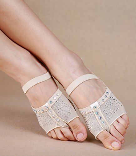 BELLYQUEEN Almohadillas de Danza del Vientre Mujer Zapatillas de Baile Descalzo con Decoración Diamante Tanga Pie Calcetines Yoga Pilate Ballet - Beige S 34-35