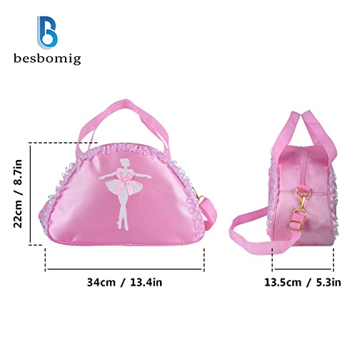 besbomig Bolsa de Ballet Danza Bolsa de Hombr de Satín Poliéster para Niña Bailarina Personalizada Bolsa de Deporte Gimnasio Viaje Escuela Bag con Encaje Bowknot, Rosado 2