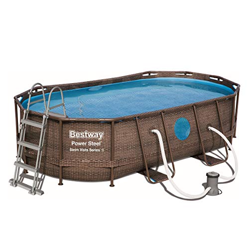 BESTWAY - Piscina Desmontable Tubular Power Steel 427x250x100 cm Depuradora Cartucho 2.006 l/h Escalera y Cobertor Diseño Rattan