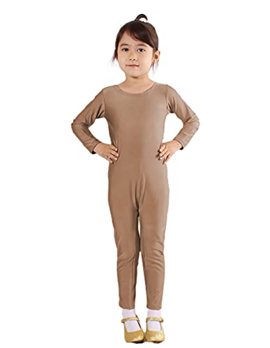 Bodies de Danza para Ballet, Mono de Manga Larga con Cremallera, Leotardo Body Nude para Gimnasia Deportiva Rítmica, Jumpsuit Niña Elástico Bailarina Yoga 1-12 años (4-6 años, Beige Oscuro)