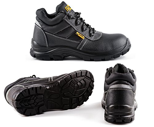 Botas de Seguridad de Cuero para Hombres Puntera de Acero Protección de Entresuela Resistente al Agua Impermeable S3 SRC Calzado de Trabajo al Tobillo de Cuero 1007 Black Hammer (42 EU)