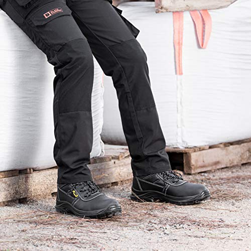 Botas de Seguridad de Cuero para Hombres Puntera de Acero Protección de Entresuela Resistente al Agua Impermeable S3 SRC Calzado de Trabajo al Tobillo de Cuero 1007 Black Hammer (42 EU)