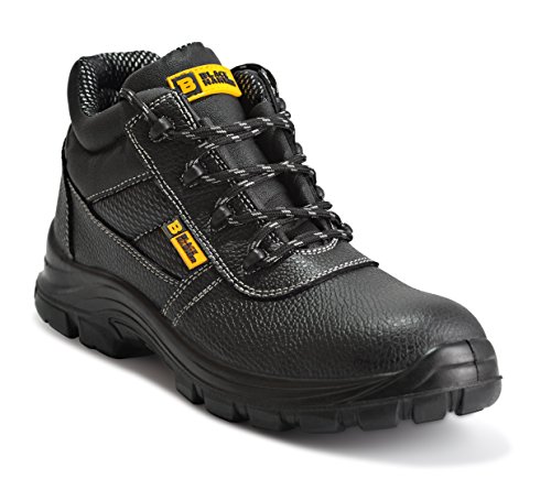 Botas de Seguridad de Cuero para Hombres Puntera de Acero Protección de Entresuela Resistente al Agua Impermeable S3 SRC Calzado de Trabajo al Tobillo de Cuero 1007 Black Hammer (42 EU)