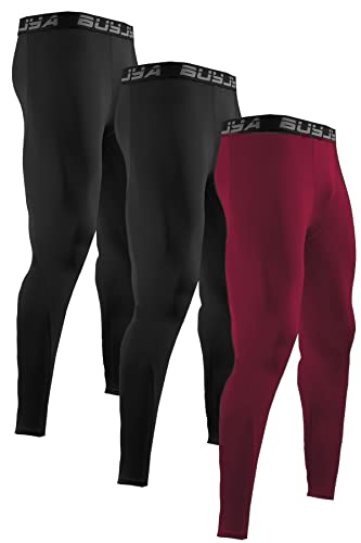 BUYJYA Paquete de 3 pantalones de compresión para hombre, mallas de entrenamiento, atléticas, frescas, secas, ropa de gimnasio, Negro-negro-carmesí, XX-Large