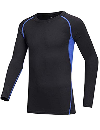 BUYKUD Camiseta atlética de compresión de manga larga para niños y niñas y niños, conjunto de mallas para camisa superior e inferior unisex, Fleece/Azul, 12-13 Años