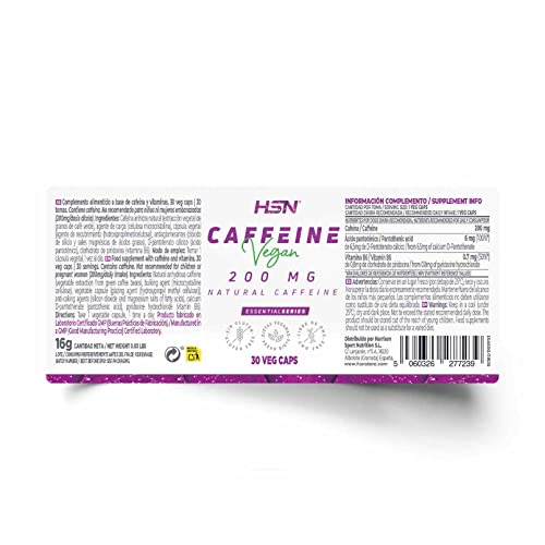 Cafeína Natural de HSN | 30 Cápsulas Vegetales de 200 mg de Cafeína Pura y Efecto Inmediato | Procedente de Granos de Café Verde | Suplemento Estimulante | No-GMO, Vegano, Sin Gluten