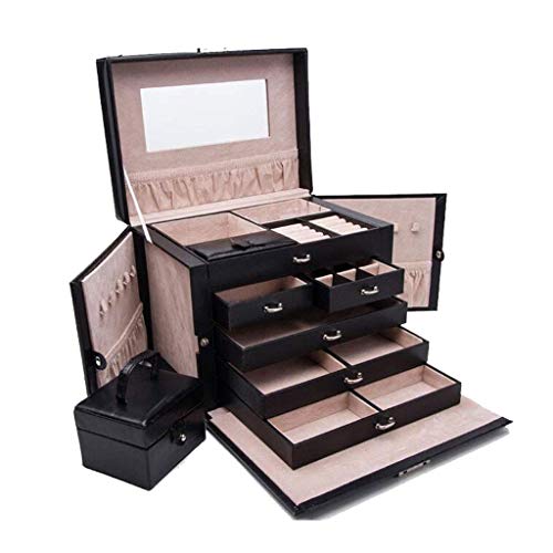 Cajas de joyería Caja de joyería multifuncional Cuero de imitación Franela de leña Madera de gran capacidad Espejo Multilapa Bloqueo europeo Anillo Pendientes Collar Reloj de almacenamiento Gift 4 Col