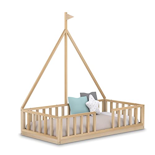 Cama Infantil Barco Tipo Montessori, con Somier y Barrera Barandilla, en Madera Natural, 90 x190 cm