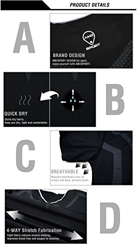 Camiseta de compresión para hombre Amzsport, manga corta, color Negro , tamaño XL