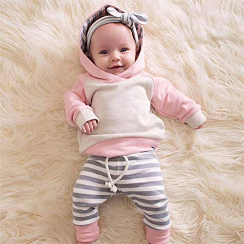 Capucha para Bebé Niñas Rayas Florales Conjunto de 2 Piezas Sudaderas con Bolsillo Superior + Pantalones Largos (12-18 Meses, Raya-Rosado)