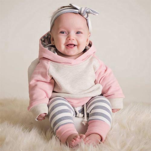 Capucha para Bebé Niñas Rayas Florales Conjunto de 2 Piezas Sudaderas con Bolsillo Superior + Pantalones Largos (12-18 Meses, Raya-Rosado)