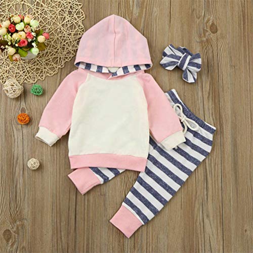 Capucha para Bebé Niñas Rayas Florales Conjunto de 2 Piezas Sudaderas con Bolsillo Superior + Pantalones Largos (12-18 Meses, Raya-Rosado)