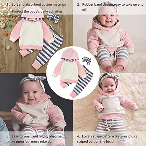 Capucha para Bebé Niñas Rayas Florales Conjunto de 2 Piezas Sudaderas con Bolsillo Superior + Pantalones Largos (12-18 Meses, Raya-Rosado)