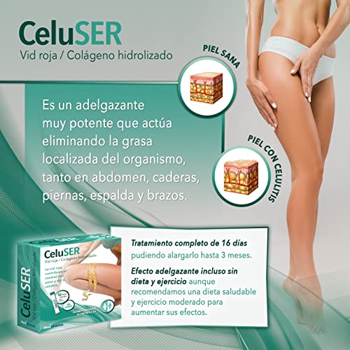 Celuser - 16 sticks - Anticelulítico - Elimina la celulitis, las estrías y la grasa localizada - Adelgazante con Vid Roja y Colágeno Hidrolizado - Caja 16 sobres - 1 al dia