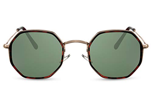 Cheapass Sunglasses - Gafas de sol pequeñas con marco de Metálicas dorado octogonal con estampado de leopardo alrededor de las lentes verdes con protección UV400 para hombre y mujer